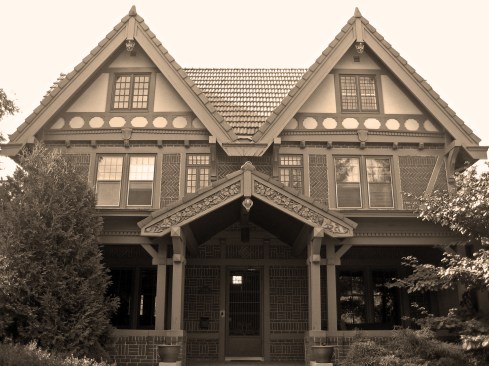 The front elevation of the Arts and Crafts-style Tudor house that is home to the restored fireplace.