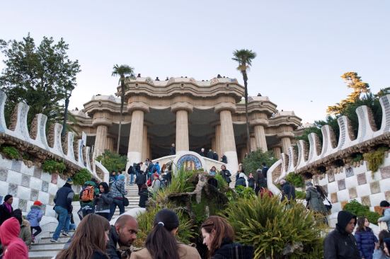 The entrance to G&uuml;ell Park, a failed development for residents to live in a garden or parklike setting in Barcelona, Spain. Commissioned by Antoni Gaudi's patron Eusebi G&uuml;ell, the park has become a UNESCO World Heritage Site.