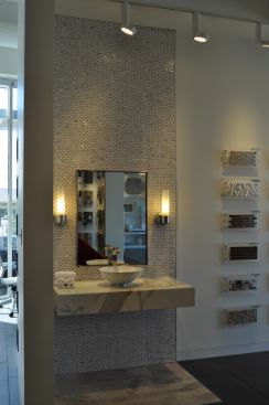 A small quarter-bath vignette within the studio.