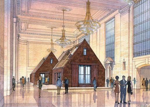 Dennis Wedlick’s two “Modern Country” demonstration houses (shown in model) were displayed in Grand Central Station in 2001.