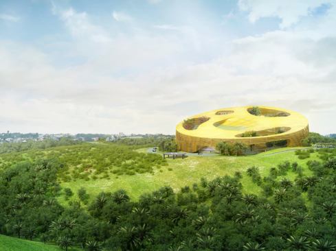 Rendering of 
L’Assembl&eacute;e Radieuse, in its context on a hill overlooking Libreville, Gabon.