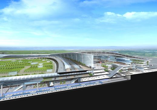 Section perspective through the terminal, showing 110m free-span trusses.