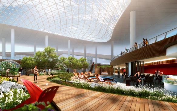 One of the many green portions of the new terminal, a triangular garden, which is home to relaxation and perfromance areas.