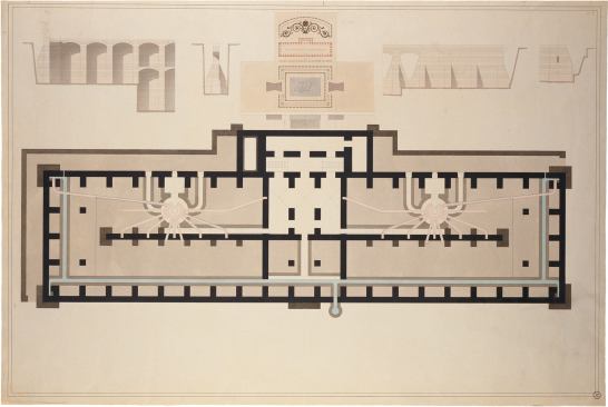 Henri Labrouste, Biblioth&egrave;que Sainte-Genevi&egrave;ve, plan du sous-sol, avec coupes, et d&eacute;tail de la premi&egrave;re pierre, 1850.