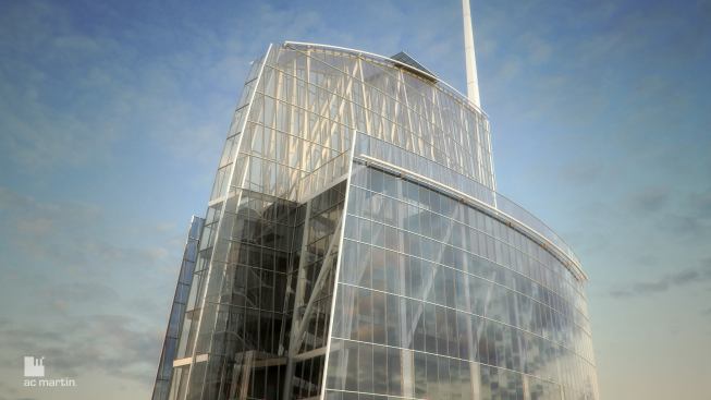 The sail-shaped architectural element at the top of the building.