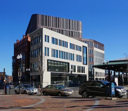 Southwest corner of the building, which features the restored fa&ccedil;ades of the Curtis Block (far left) and the Waterman & Sons building (left).