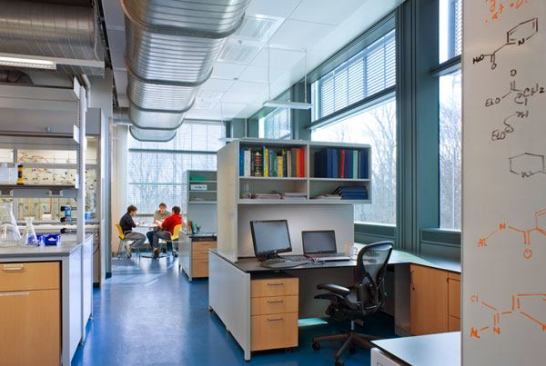 In the labs, the perimeter desks have LED  tasklights and uplights that provide general and egress illumination.