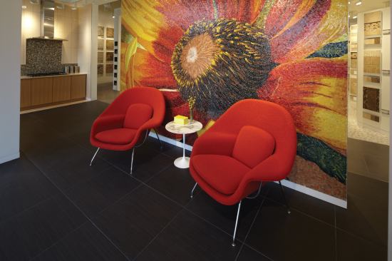 One of the services offered at the studio is custom mosaic work, done by local artisans. In this case, a photograph of a flower was blown up into a full wall mural using mosaic tiles.
