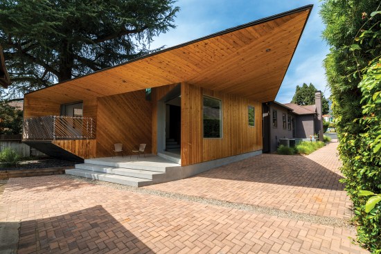 Inspired by Frank Lloyd Wright’s 1949 Dorland House, Formation Association completed this renovation and 600-square-foot addition in Altadena, Calif. Dubbed Calaveras Residence, the project features a wood-clad envelope and lies beneath deodar cedar trees.
