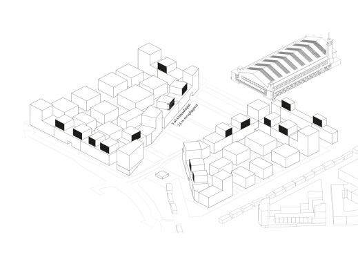 Height accents along the street front create a characteristic silhouette. The tall blocks are strategically located to support the urban development frame.
