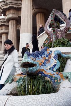 The tile-covered dragon or salamander at the entrance of G&uuml;ell Park presents a popular photo opportunity for tourists.