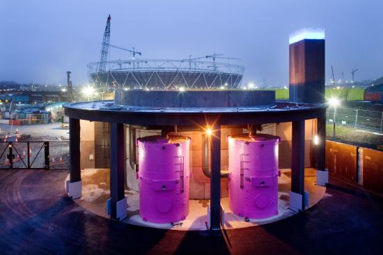 The Olympic Park Pumping Station with the Olympic Stadium in the background.