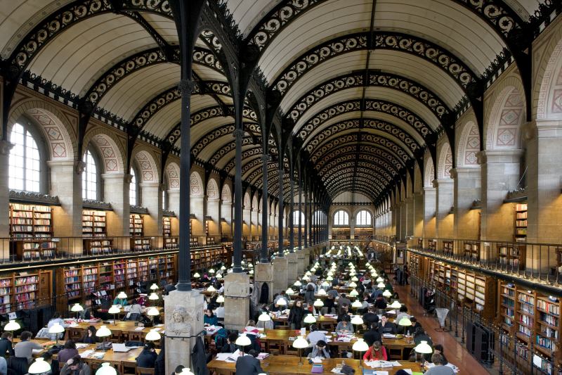 Henri Labrouste, Biblioth&egrave;que Sainte-Genevi&egrave;ve, 1838-1850. Paris. View of the reading room.