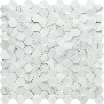 Inspired by the science of geological displacements, Seismic Mosaic tile offers you texture and architectural shapes. The wall tile’s surface shifts high and low in a hexagonal format and comes in Bianco Stone. 
www.artistictile.com.