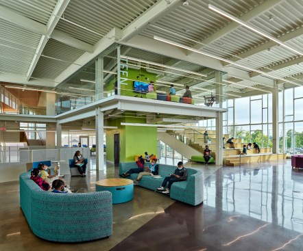 The open auditorium/story steps float free above the entrance plaza, creating a dynamic experience for kids and teens, and a popular place for parents.  
Teens can see and be seen, with views to downtown and the entire library. 
