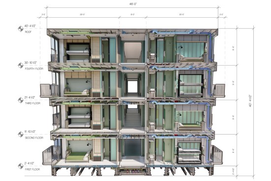 Cross section through staff housing. The Project Héroe modular system was designed to form a small, autonomous city, using existing infrastructureor operating self-sufficiently.