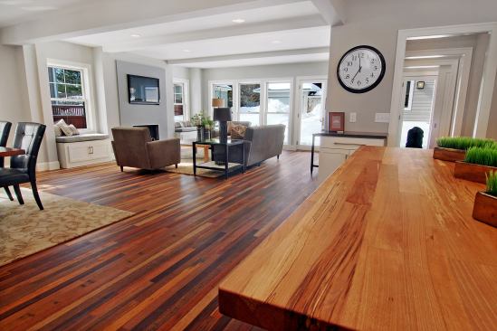 Viridian Reclaimed Wood In its Oregon facility, Viridian processes wooden pallets, crates, and packaging materials to create flooring, tabletops, paneling, veneers, and other products for use in commercial and residential buildings. This FSC-certified reclaimed wood includes beech, oak, spruce, pine, and a mix of Asian tropical hardwoods sorted for consistent hardness. The company also offers reclaimed Douglas fir from local warehouses and school bleachers. 
viridianwood.com.