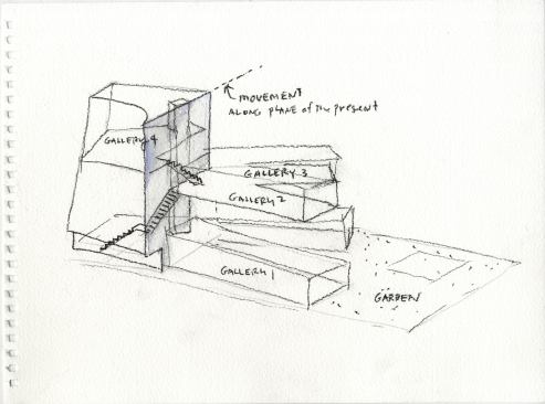 Watercolor showing cantilevering galleries
