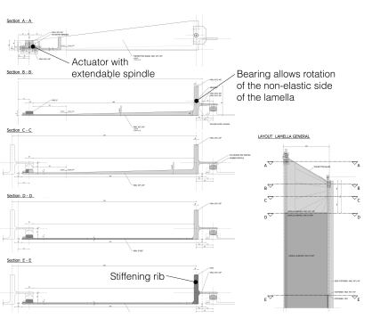 Section cuts through a typical lamella showing the changing thickness from side to side and its rotation bearing.