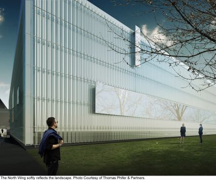 The exterior of the new North Wing of the Corning Museum of Glass, designed by New York-based Thomas Phifer & Partners, is composed of a white aluminum skin covered in glass fins that are interrupted by sections of vision glass, including a 150-foot-long window that overlooks the adjacent greenspace.