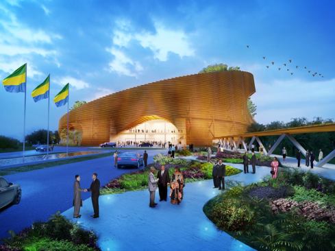 An exterior rendering of 
L’Assembl&eacute;e Radieuse, showing the entry and arrival spaces.