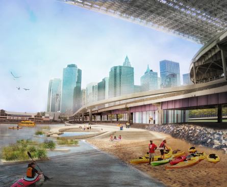 Proposed changes to Brooklyn Beach, a currently disused swath of sand underneath the Brooklyn Bridge would make it accessible to residents, and reactivate the site.