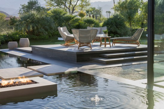 Serenity Indian Wells luxury modern home poolside terrace with water & fire features