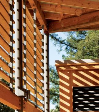 All three main buildings incorporate sunshades composed of 2x6 boards of reclaimed Alaskan yellow cedar from a salvage yard in the Pacific Northwest. The wood was chosen specifically because over time it will fade to a silver-gray color that will help reflect more light into the buildings? interiors. The other timber sourced for the project, including 6x10 horizontal beams reclaimed from the school that used to occupy the site and redwood cladding from McMullin Sawmill in Crescent City, Calif.?milled from dead and downed and beach-salvaged trees?will weather darker.