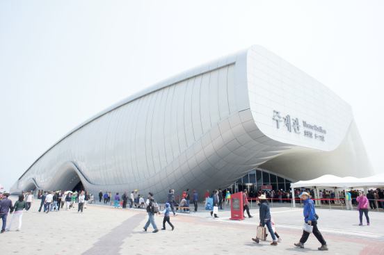 The kinetic façade of Soma's One Ocean Theme Pavilion in its closed state.
