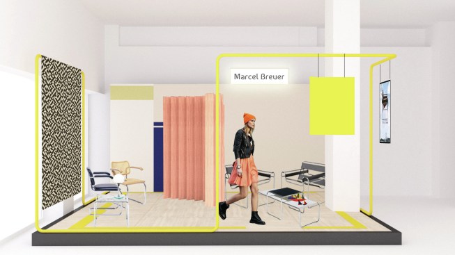 A collage of the "Marcel Breuer" installation at Knoll and OMA's "Knoll Celebrates Bauhaus" exhibit on display from April 9 through April 19 in Milan.