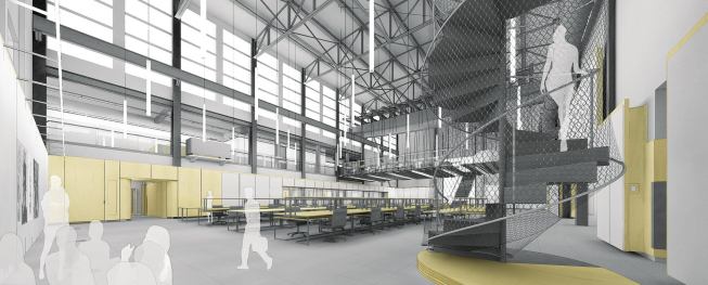 To preserve the flexibility of the high-bay studio space, the architects suspended most of the new elements from the ceiling, including custom light fixtures, a mezzanine beidge called the crib, and a steel-cable tensile-mesh guardrail that envelopes a spiral stair allowing access to an adjacent second-floor gallery.