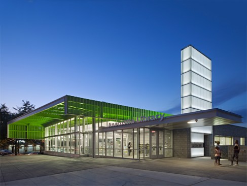 Entry plaza at dusk