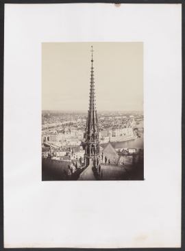 Notre-Dame, Paris, France. View showing the new spire designed by architect Viollet-le-Duc. Photograph by Charles Marville, circa 1860. The view is towards the &Icirc;le Saint-Louis.