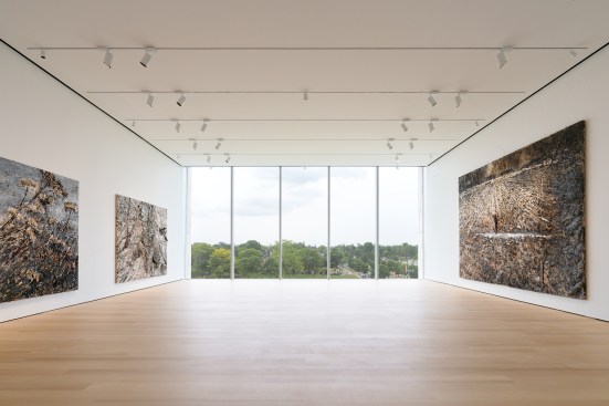 View of a gallery on the third floor of the Gundlach Building with, from left to right, Anselm Kiefer, der Morgenthau Plan, 2012; Anselm Kiefer, Gehäutete Landschaft (Skinned Landscape), 2017; Anselm Kiefer, Die Milchstrasse (The Milky Way), 1985-1987.