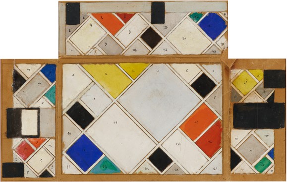 Theo Van Doesburg, Color design for ceiling and three walls
for the Café de l'Aubette Ciné-dancing wall painting in Strasbourg, 1926-1927
gouache on paperboard, 43 x 74.5 cm (16.93 x 29.33 inches)