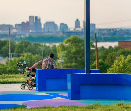 Each seating structure responds to one another, the ground mural, and the surrounding context
