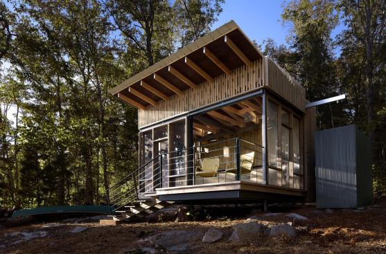 Cape Russell Retreat Award of Merit 
Sanders Pace Architecture &nbsp; The architects designed and oversaw construction on a 176-square-foot 
lakeside pavilion in Sharps Chapel, Tenn., crafted to be an off-the-grid weekend getaway that features integrated water reclamation and photovoltaic technology. A secondary skin of 2x4 vertical cedar boards backed with an insect screen, offering visual transparency and passive cooling, is able to be attached via tabs on the lightweight steel structure. An 8-foot-by-8-foot sliding screen panel offers easy access to the waterfront while a cedar butterfly roof collects and directs rainwater to a cistern beside the pavilion.