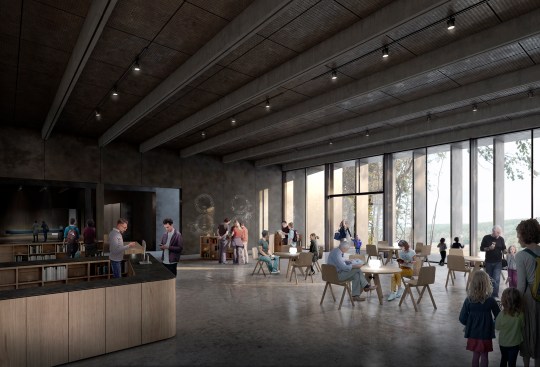 Surfaces in concrete and metal continue the bunker’s 
crude exterior and is broken internally by fittings in pale wood.