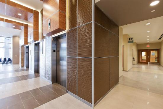 LEVELe Wall System with Capture panels; insets in Bonded Bronze with Natural Patina and Kalahari pattern; LightPlane panels in ViviChrome Chromis glass with White interlayer and Standard finish at Princeton Medical Arts Pavilion, Plainsboro, New Jersey