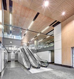 Delivering the desired aesthetic of wood and the performance benefits of metal, SpanAir hook-on ceiling panels were painted in WoodScenes Lazy Maple
with matching custom trim.