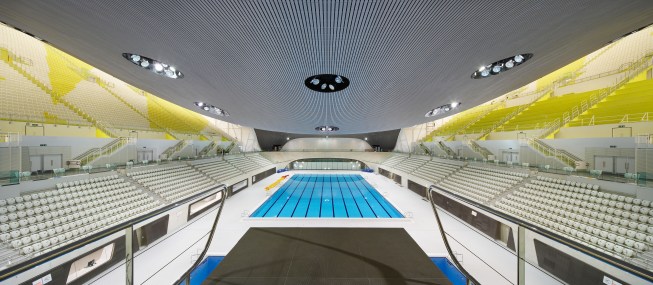 The Aquatic Centre in Olympic mode, with extra side seating that will be demounted after the Games.