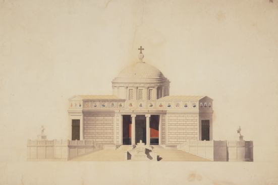 Monument &agrave; la trinit&eacute; (project). Drawing by architect Richard Morris Hunt, before 1855. Original architectural drawing from Hunt's time in Paris, showing a design for a church or memorial building in the Beaux-Arts style.