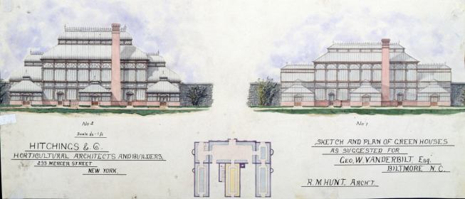 Biltmore Estate greenhouses, Asheville, North Carolina. Greenhouses.&nbsp; Drawing by the office of Richard Morris Hunt architect; Hitchings & Co., horticultural architects.