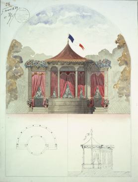 Bandstand. &Eacute;cole des Beaux-Arts examination drawing by architectural student Richard Morris Hunt, March 7th, 1849. Original examination drawing for a "concours sur esquisse," at the &Eacute;cole des Beaux-Arts, Paris.