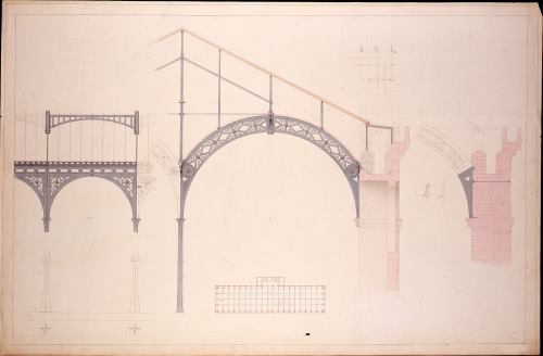 Henri Labrouste, Biblioth&egrave;que Sainte-Genevi&egrave;ve, &eacute;tude pour les fermes en fonte du premier &eacute;tage et le comble en fer, 1846.