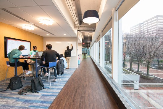 Technology-enabled team huddle promotes innovation and inspired thinking at the Trinity Innovation Center.