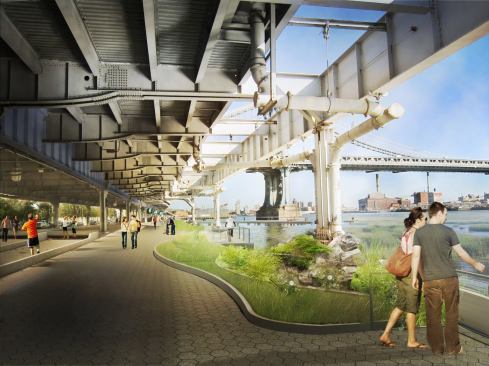 Proposed changes under the elevated portion of FDR Drive include mini parks and pedestrian pathways that would give better access to the waterfront.