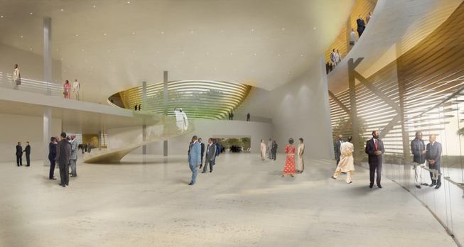 An interior rendering, showing the limestone louvers that wrap the building's exterior.