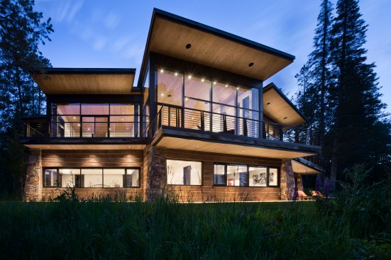 Exterior, horizontal, east elevation from southeast at twilight, Rosenthal residence, Wilson, Wyoming; Ward + Blake Architects
