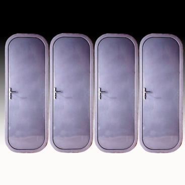 Charlotte Perriand. Four doors, France, 1960s. Gel-coated fiberglass, chromed metal hardware. Unmarked. 77" x 28-1/2" x 2-1/2". Provenance: Alpine Station des Arcs, Savoie, France.